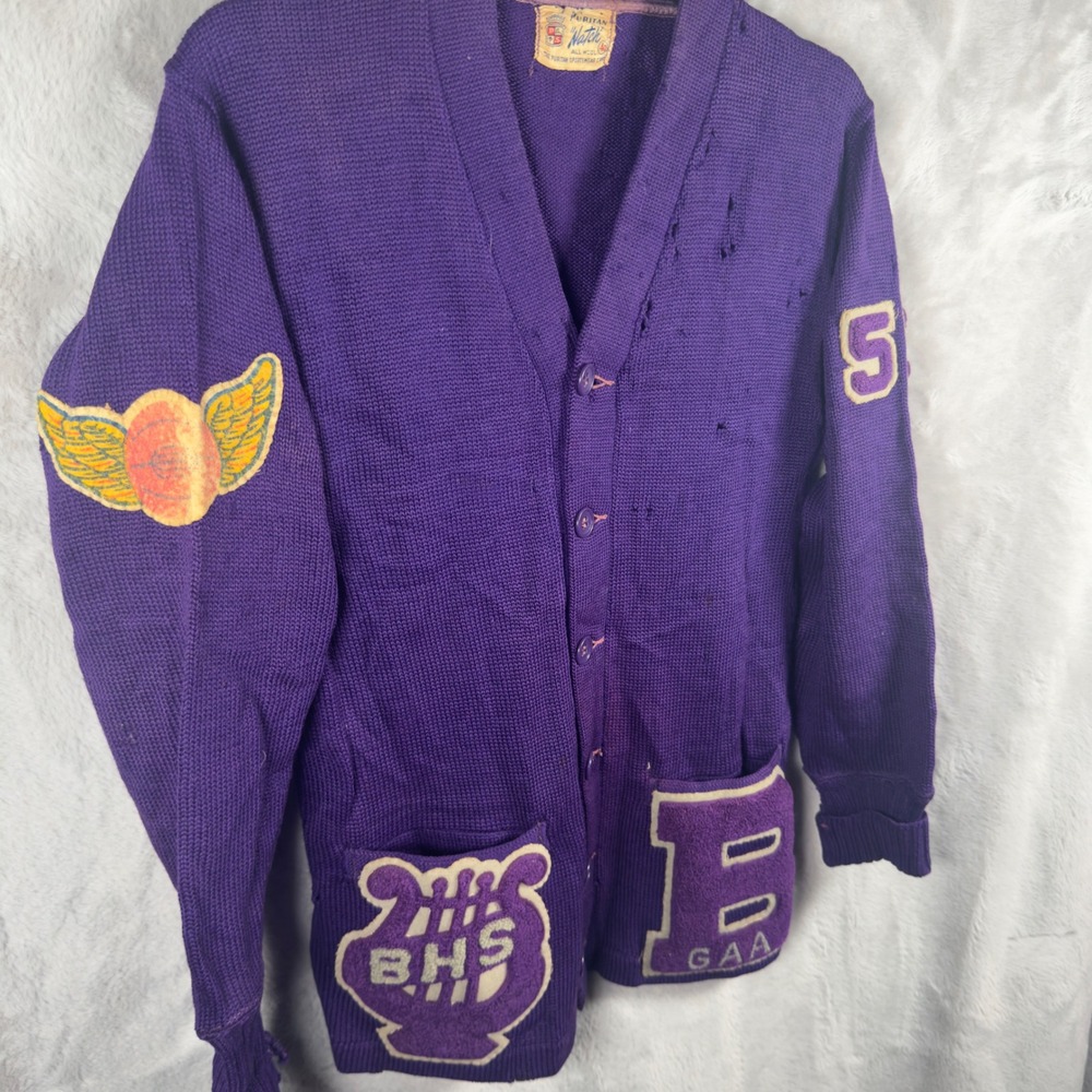 Vintage 1950s Puritan Natch Purple Wool‎ Varsity Letterman Cardigan Sweater 53